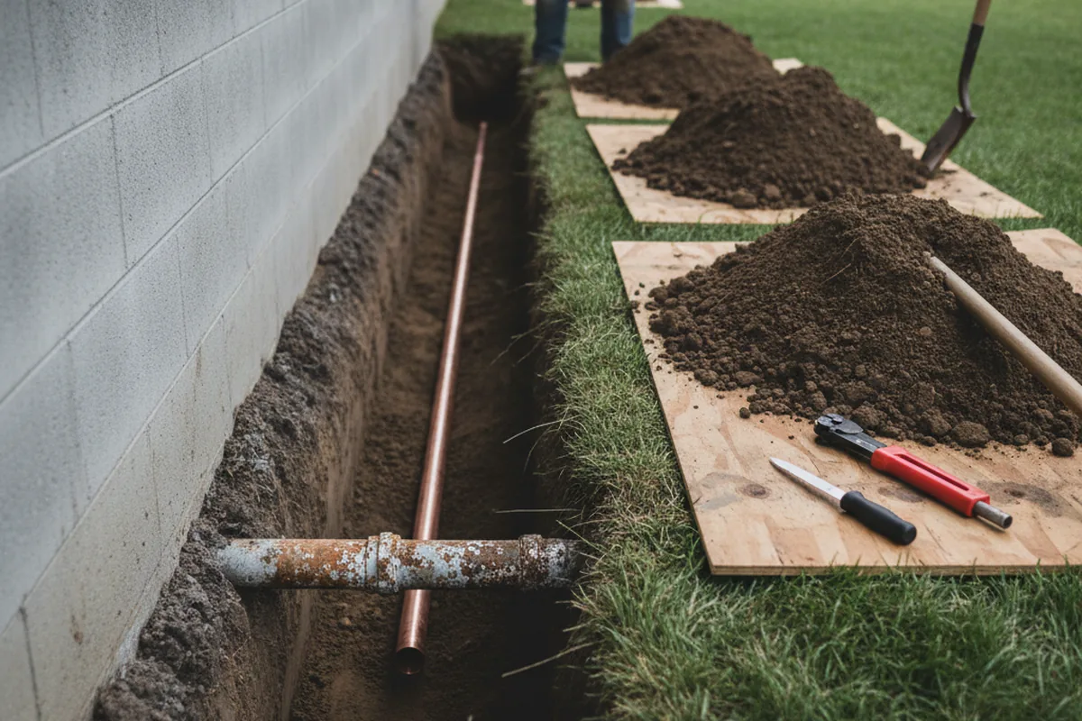 Excavated water line trench during Water Softener Installation in Oakland